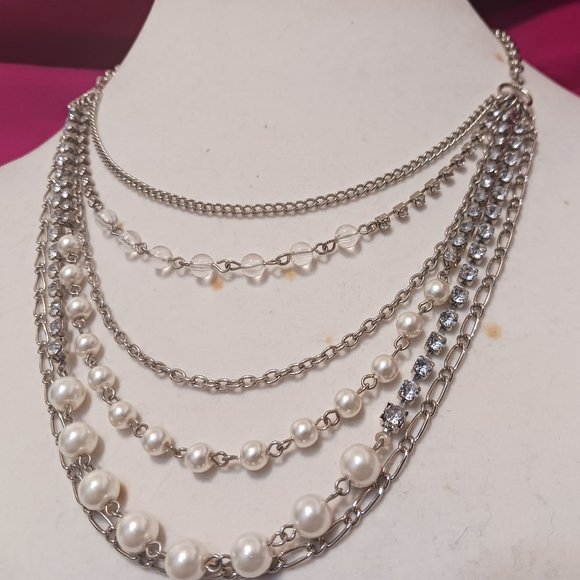 Hand Crafted Multi Strand Silver Tone with Beads and Rhinestone Fashion Necklace - Picture 6 of 9